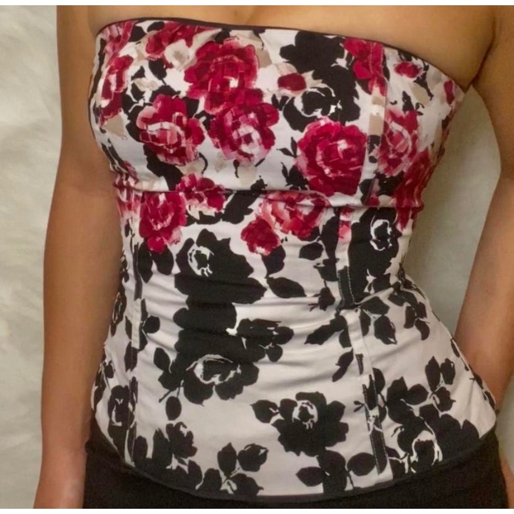 White House Black Market Floral Strapless Corset Top Size 0 Black Pink Ivory